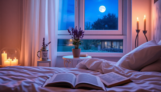 A serene bedroom with Excedrin PM and natural sleep supplements on a bedside table, promoting restful sleep