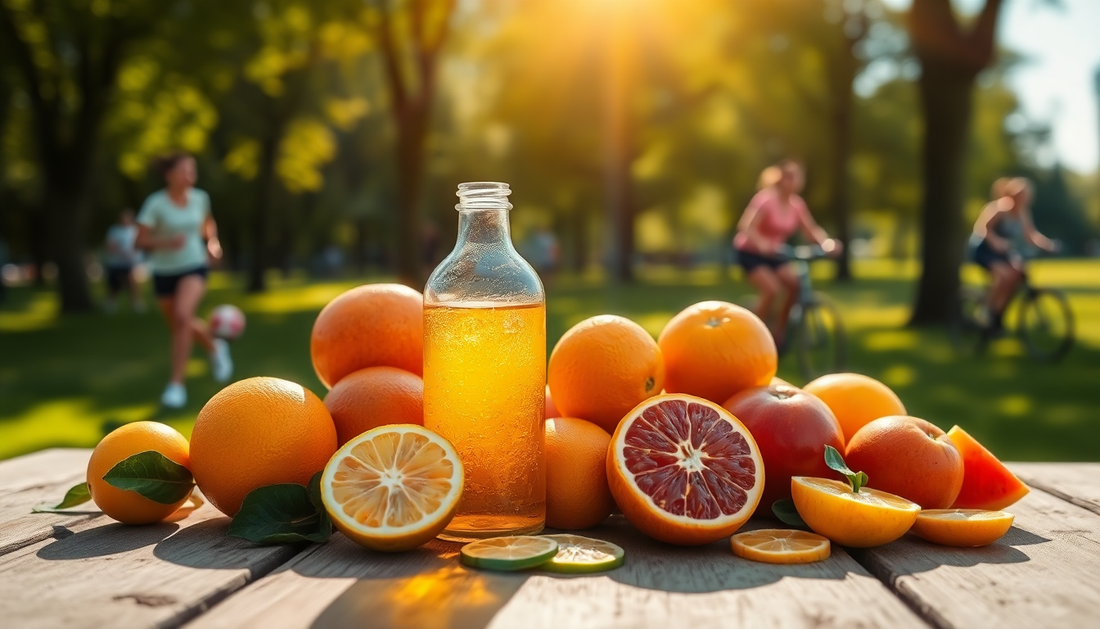 Vitamin C gel surrounded by fresh oranges, lemons, and kiwis, with a sunny outdoor backdrop symbolizing Vitamin D benefits
