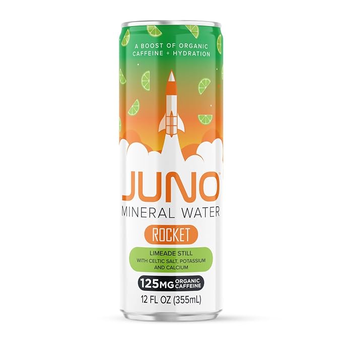 JUNO Rocket Limeade Still Mineral Water, Hydration Energy Drink with 125mg Organic Caffeine from Green Coffee Beans, Organic Monk Fruit, Organic Lime Juice, Celtic Salt, Potassium, and Calcium, Vegan, Gluten Free, 12 Pack