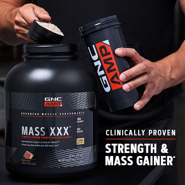 GNC AMP Mass XXX Mass Gainer Protein Powder | 50g Protein | Targeted Muscle Building and Workout Support Formula with MyoTor, BCAA and Creatine |Strawberry | 13 Servings