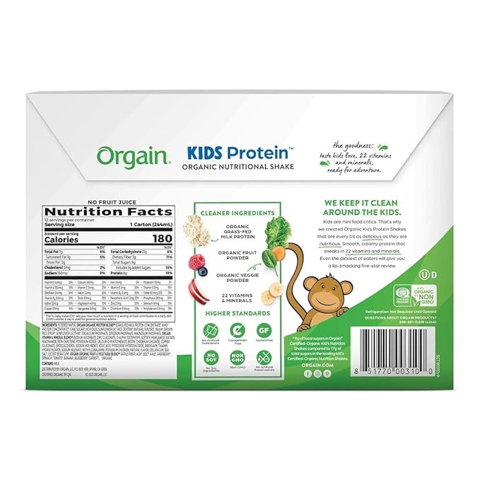 Orgain Organic Kids Nutritional Protein Shake, 8g Dairy 3g Fiber, 22 Vitamins 8.25 Fl 12)