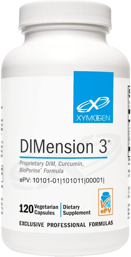 XYMOGEN DIMension 3 - Diindolylmethane DIM Supplement with Curcumin + BioPerine - Supports Healthy Estrogen Detox, Hormonal Balance for Women and Men - Menopause Relief + PMS Support (120 Capsules)