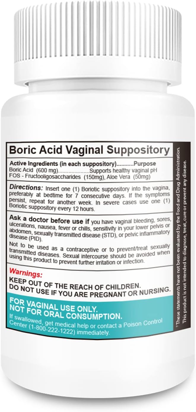 NutraBlast Boric Acid Vaginal Suppositories Complex w/Aloe Vera & FOS Prebiotic Enhancer | All Natural Boriotic | Made in USA (30 Count)