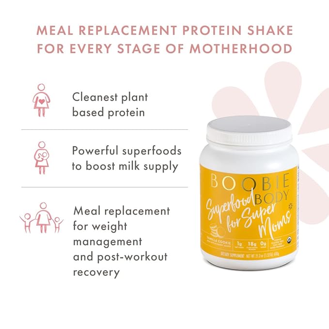 Boobie Body Superfood Protein Meal Replacement Shake, Vanilla Cookie Flavor | 19g Protein | Safe for Pregnancy, Lactation, & Motherhood | Organic, Vegan, Zero Sugar, 1 Tub (20 Servings)