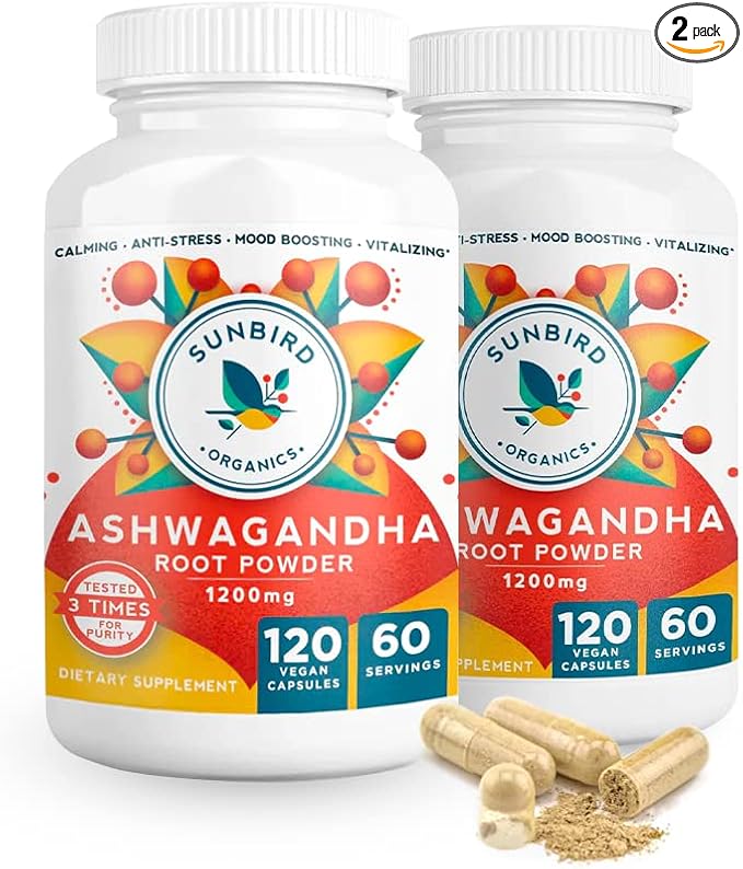 Ashwagandha Capsules Organic, Stress & Sleep 1200mg Pure 120 Vegan 2 Bottles