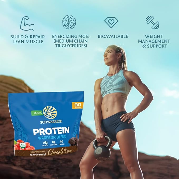 Sunwarrior Vegan Protein Powder Plant-Based USDA Organic | BCAA Amino Acids Hemp Seed | Keto Friendly Soy, Dairy, Gluten, & Synthetic Free Non-GMO | Chocolate 90 Servings 16g