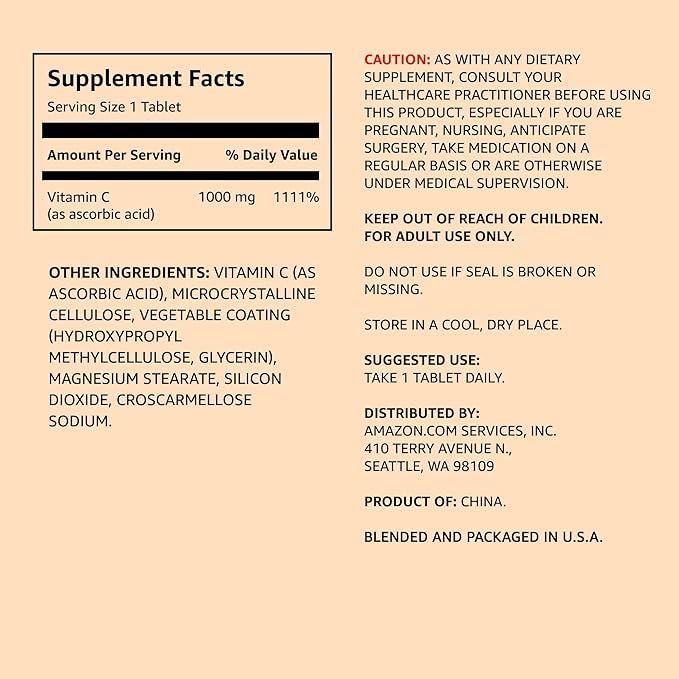 Amazon Elements Vitamin C 1000mg, Supports 300 Tablets, 10 month