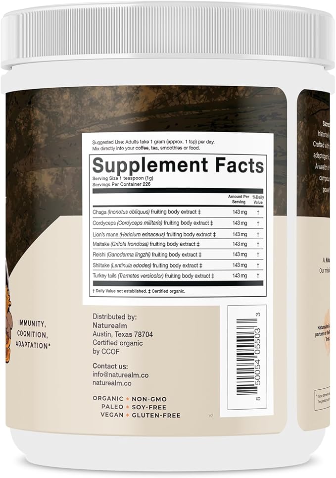 Naturealm - Sacred 7 Mushroom Extract Powder - Filler-Free - Organic - 100 Percent Fruiting Bodies - 8 Oz