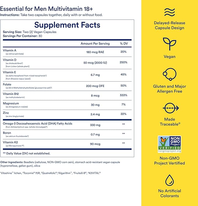 Ritual Multivitamin for Men 18+ D3 for Omega-3 DHA, B12, K2, K2, Gluten 30 Day 60 Vegan