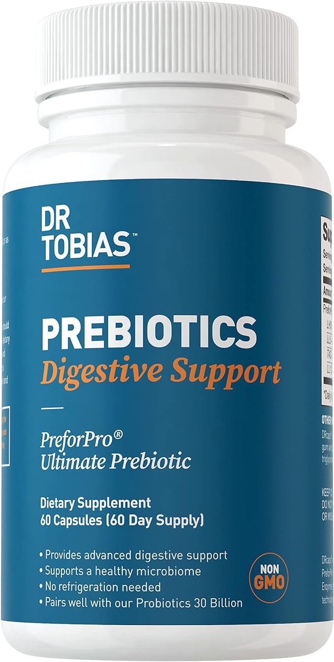 Dr. Tobias Prebiotics, Supports Digestion & Gut Health, Feed Good Probiotic Bacteria, Boost Gut Immune Function, Vegan & Non-GMO Gut Health Supplements for Men and Women, 60 Capsules, 60 Servings