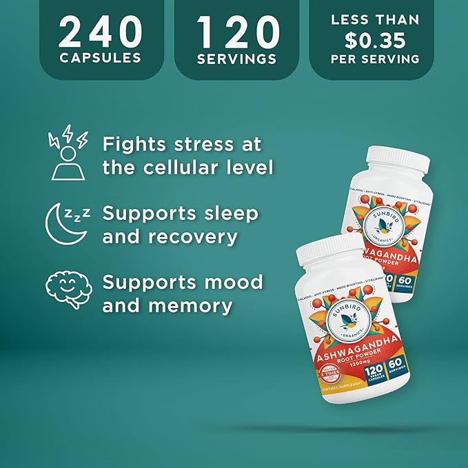 Ashwagandha Capsules Organic, Stress & Sleep 1200mg Pure 120 Vegan 2 Bottles