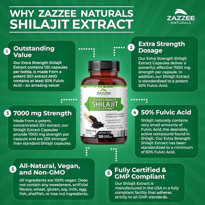 Zazzee 100% Pure Organic Himalayan Shilajit 20:1 Extract, 7000 mg Strength per Capsule, 50% Fulvic Acid, 120 Servings per Bottle, 20X Potency, Rich in Trace Minerals, Non-GMO, Vegan, Made in The USA