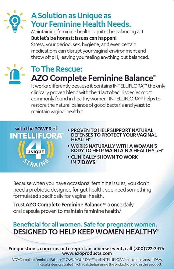AZO Complete Feminine Balance Daily Probiotics for Women, Clinically Proven to Help Protect Vaginal Health, balance pH and yeast, Non-GMO, 30 Count