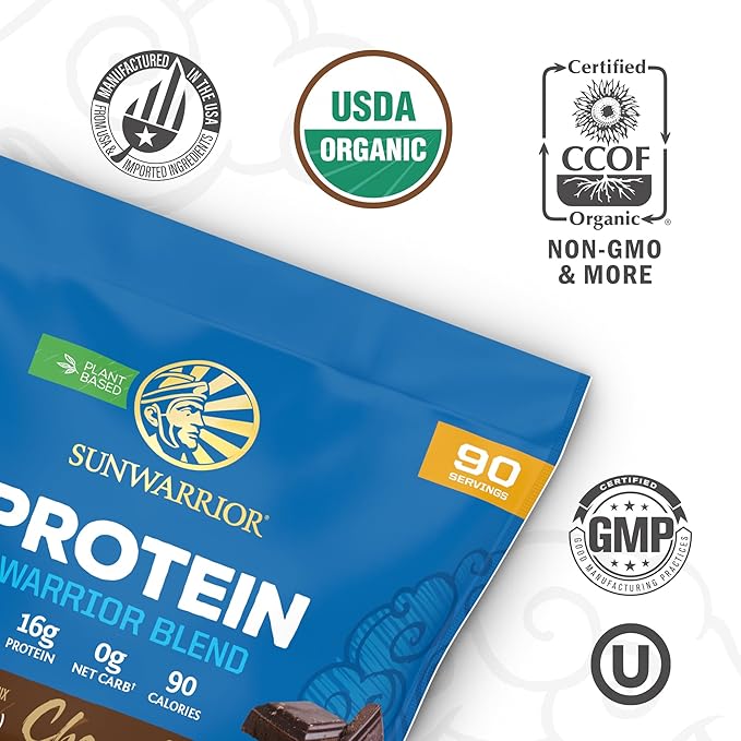 Sunwarrior Vegan Protein Powder Plant-Based USDA Organic | BCAA Amino Acids Hemp Seed | Keto Friendly Soy, Dairy, Gluten, & Synthetic Free Non-GMO | Chocolate 90 Servings 16g