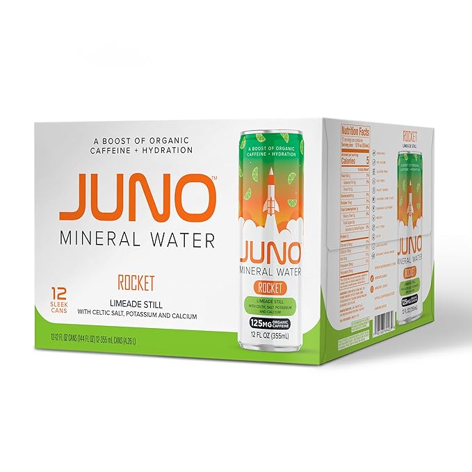 JUNO Rocket Limeade Still Mineral Water, Hydration Energy Drink with 125mg Organic Caffeine from Green Coffee Beans, Organic Monk Fruit, Organic Lime Juice, Celtic Salt, Potassium, and Calcium, Vegan, Gluten Free, 12 Pack