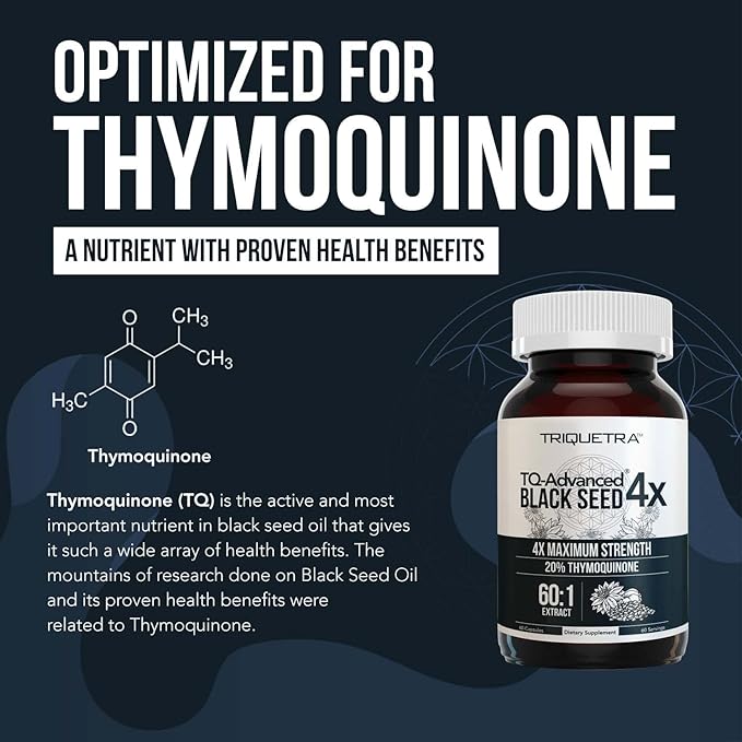20% Thymoquinone Black Seed Oil Extract Capsules - TQ-Advanced 4X®: Highest Thymoquinone Concentration Available - 60:1 Concentrate from Nigella Sativa, Raw Form, Vegan, Glass Bottle (60 Capsules)