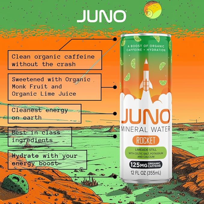 JUNO Rocket Limeade Still Mineral Water, Hydration Energy Drink with 125mg Organic Caffeine from Green Coffee Beans, Organic Monk Fruit, Organic Lime Juice, Celtic Salt, Potassium, and Calcium, Vegan, Gluten Free, 12 Pack