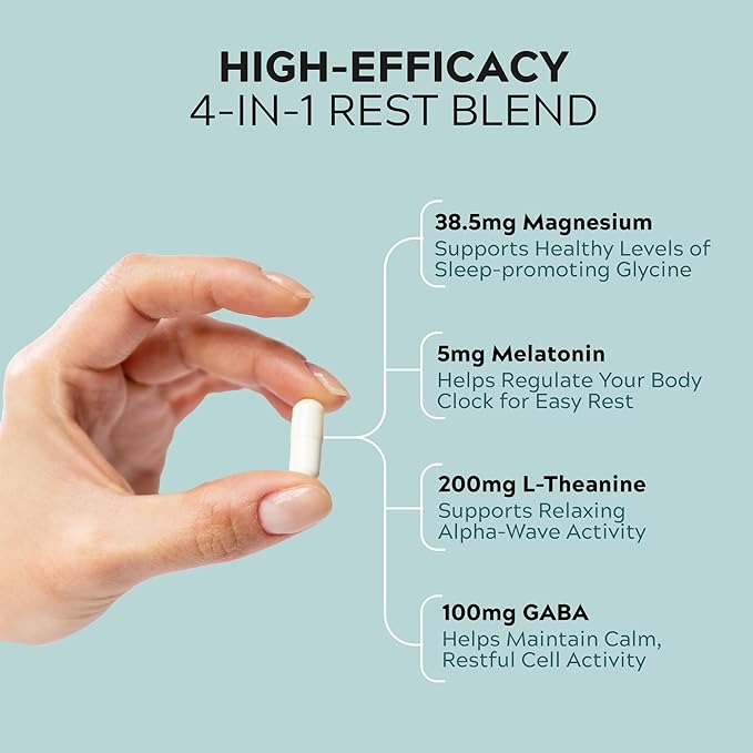 Magnesium Glycinate 275mg Melatonin 5mg L-Theanine 200mg GABA 100mg Capsules - Full Rest Nighttime Bedtime Support Supplement for Men Women - Vegan Sugar-Free Gluten-Free