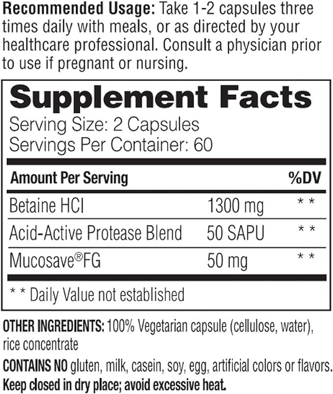 Enzymedica, Betaine HCl, Occasional Heartburn and 120 Capsules