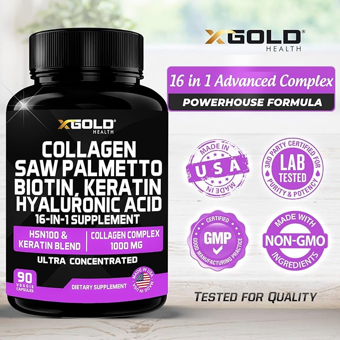 Collagen, Saw Palmetto, Biotin, Keratin, Keratin & Hyaluronic Acid - 16-in-1 Beauty Supplement with Vitamin C & E, Collagen Complex, Keratin Blend & HSN100 - Hair, Skin & Nail Growth - 90 Capsules
