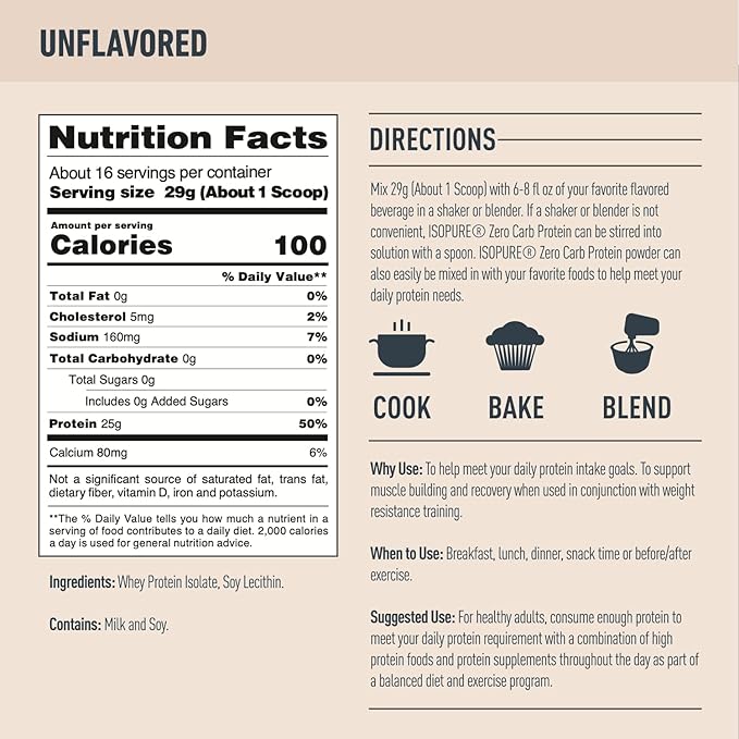 Isopure Unflavored Protein, Whey Isolate, 25g Protein, 1 Pound