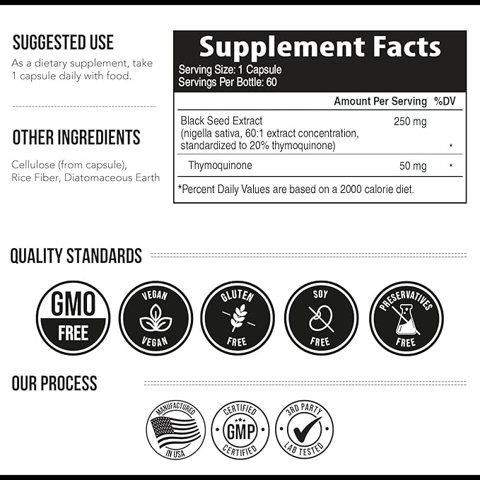 20% Thymoquinone Black Seed Oil Extract Capsules - TQ-Advanced 4X®: Highest Thymoquinone Concentration Available - 60:1 Concentrate from Nigella Sativa, Raw Form, Vegan, Glass Bottle (60 Capsules)