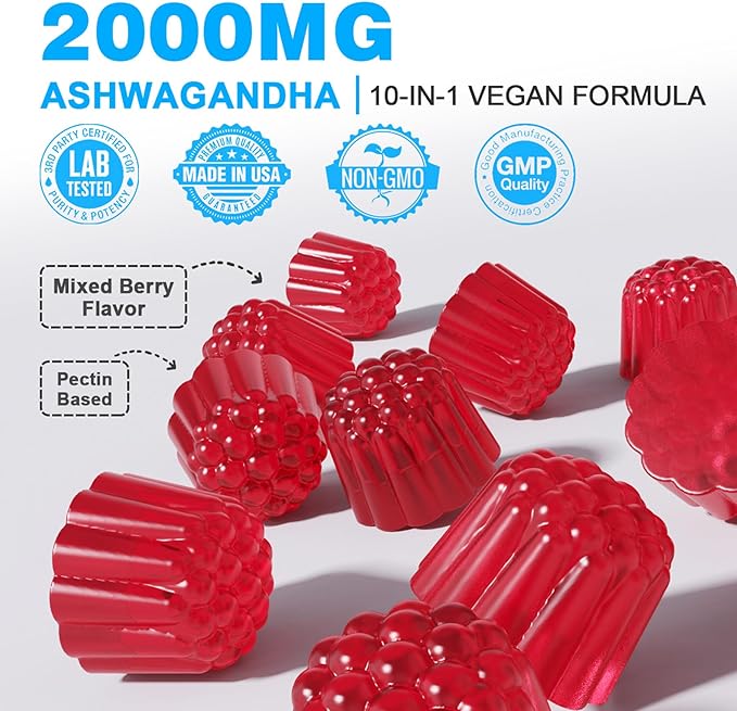 Ashwagandha Gummies, 2000mg Organic Ashwa Root 60 Count