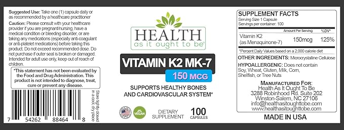 Health As It Ought To Be K2 MK7 MK7 150mcg 150mcg Supplement 100 Capsules