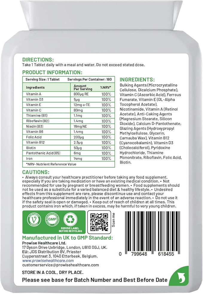 Multivitamin & Iron 180 Tablets (6 Months Dose) Immune Support - One A Day Multi-Vitamin Supplement β UK Manufactured | GMP Standards by Prowise Healthcare - Suitable for Vegetarians