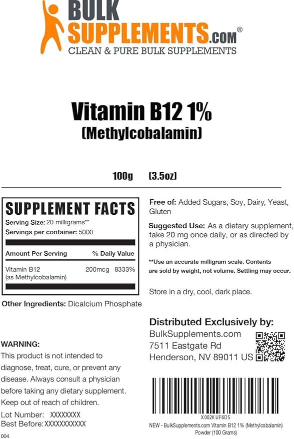 BulkSupplements.com Vitamin B12 Methylcobalamin Powder 1% B12 B12 Methylcobalamin, B12 Supplement, 20mg per 100g (3.5 (3.5 oz) 1)