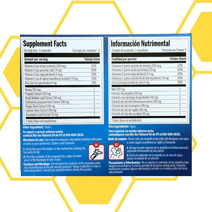 Oral Vitamins with A, C, D, E, Zinc, Bee Honey, Propolis, and Botanical Extracts - Natural Orange Flavor - 5 Ampoules (0.85 fl oz / 25 ml) Immune Support