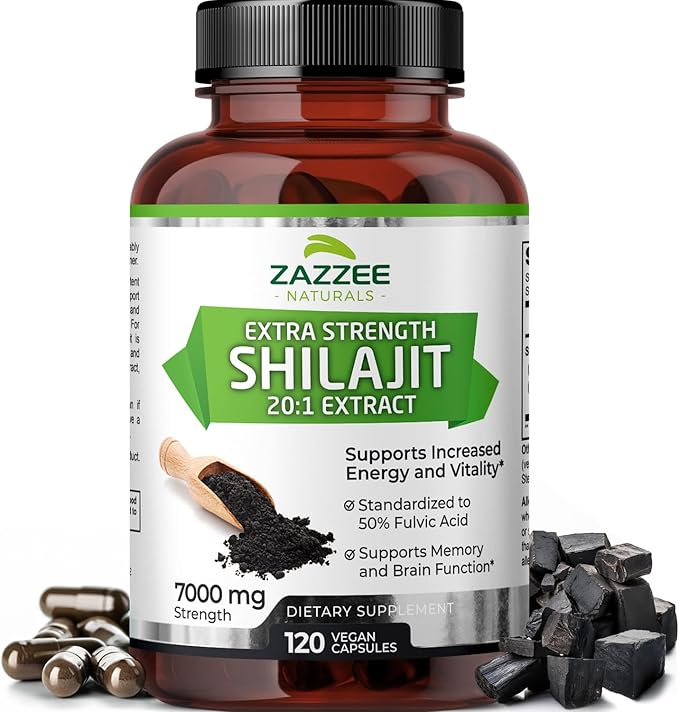 Zazzee 100% Pure Organic Himalayan Shilajit 20:1 Extract, 7000 mg Strength per Capsule, 50% Fulvic Acid, 120 Servings per Bottle, 20X Potency, Rich in Trace Minerals, Non-GMO, Vegan, Made in The USA