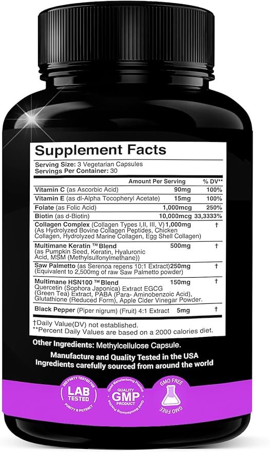 Collagen, Saw Palmetto, Biotin, Keratin, Keratin & Hyaluronic Acid - 16-in-1 Beauty Supplement with Vitamin C & E, Collagen Complex, Keratin Blend & HSN100 - Hair, Skin & Nail Growth - 90 Capsules
