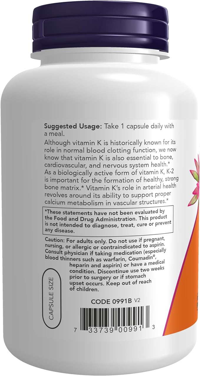 NOW Supplements, Vitamin K-2 100 mcg, Menaquinone-4 (MK-4), (MK-4), Supports 250 Veg