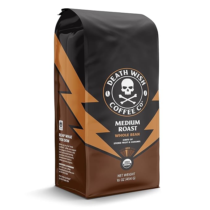 Death Wish Coffee Co., Organic and Fair Trade, Medium Roast, Whole Bean Coffee, 16 oz