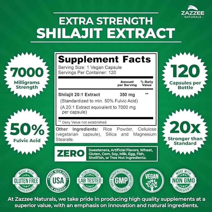 Zazzee 100% Pure Organic Himalayan Shilajit 20:1 Extract, 7000 mg Strength per Capsule, 50% Fulvic Acid, 120 Servings per Bottle, 20X Potency, Rich in Trace Minerals, Non-GMO, Vegan, Made in The USA