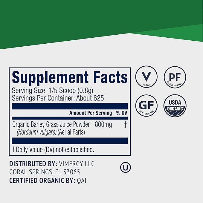 Vimergy Barley Grass Juice Powder – Clean Superfood Formula – Promotes Cardiovascular Health* – Organic, Vegan & Gluten-Free – Value Size 500g