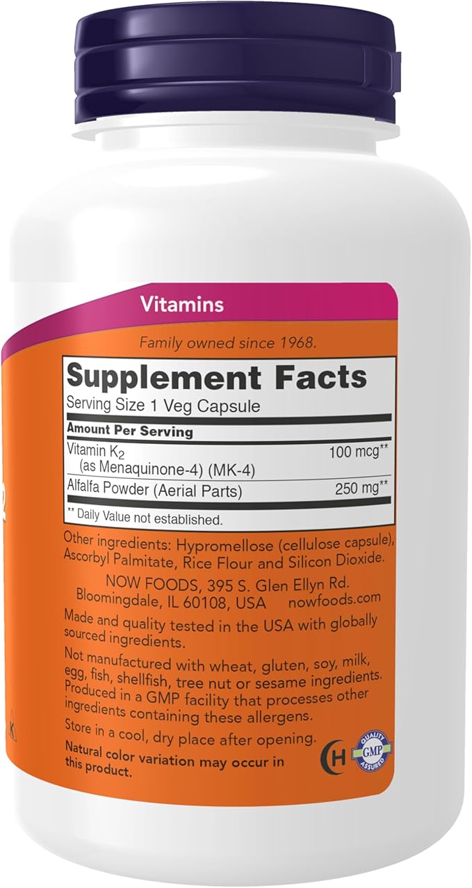 NOW Supplements, Vitamin K-2 100 mcg, Menaquinone-4 (MK-4), (MK-4), Supports 250 Veg