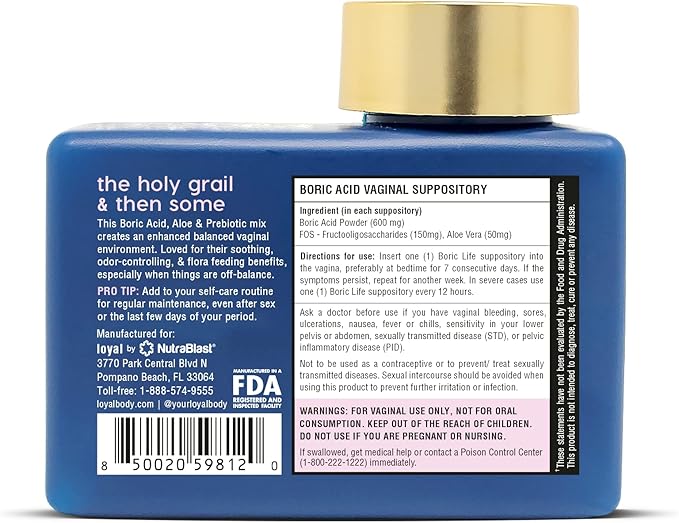 Loyal Boric Life Plus - Boric Acid Vaginal Suppositories with Aloe & FOS - Supports Odor Control - Soothes Discomfort - Maintains Vaginal Flora - Made in USA (30 Count)