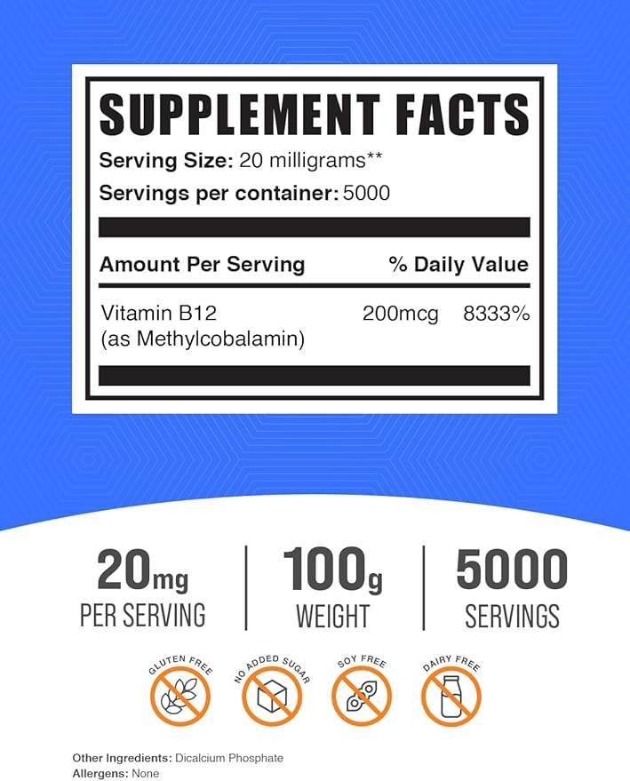 BulkSupplements.com Vitamin B12 Methylcobalamin Powder 1% B12 B12 Methylcobalamin, B12 Supplement, 20mg per 100g (3.5 (3.5 oz) 1)