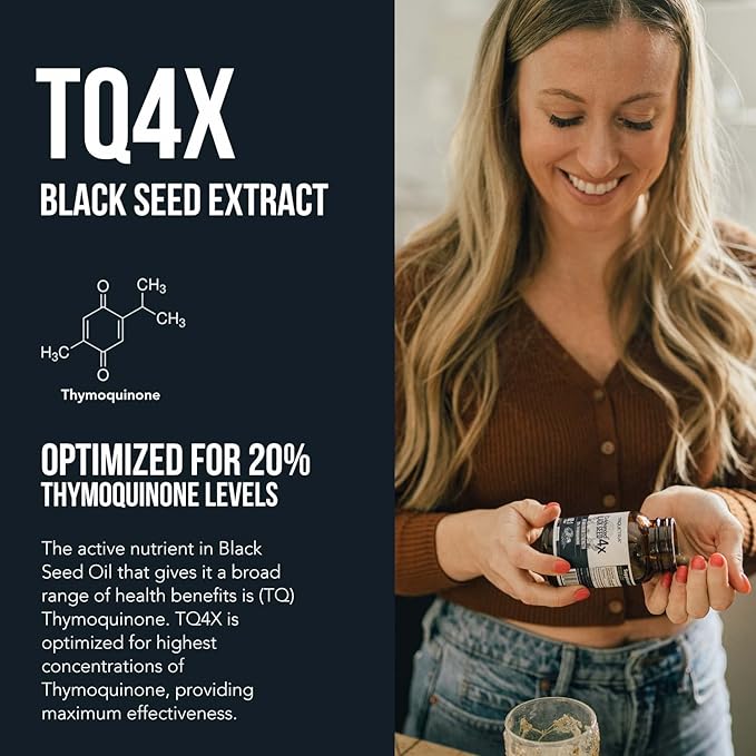 20% Thymoquinone Black Seed Oil Extract Capsules - TQ-Advanced 4X®: Highest Thymoquinone Concentration Available - 60:1 Concentrate from Nigella Sativa, Raw Form, Vegan, Glass Bottle (60 Capsules)