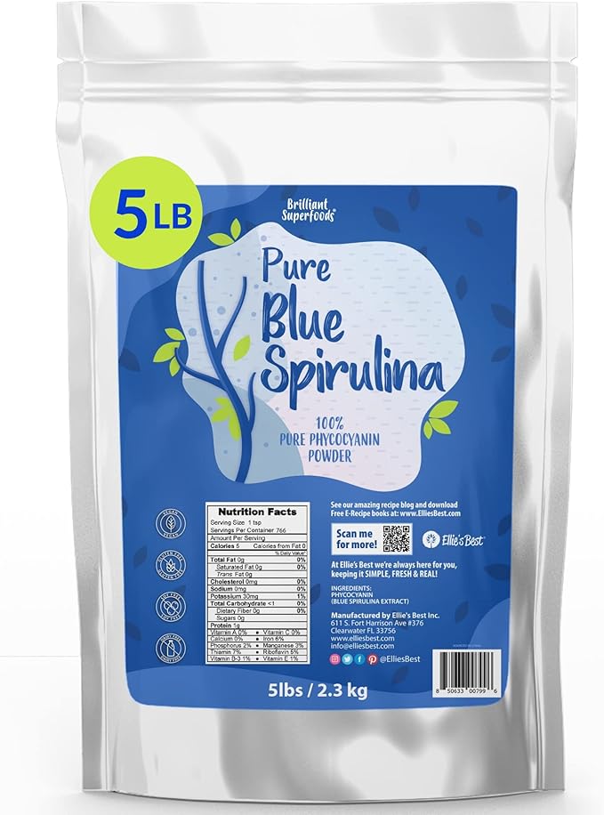 Organic Blue Spirulina Powder Superfood Supplement - 5LB Bulk - Odorless - Vegan, Non GMO, Gluten-Free, Dairy-Free, Brilliant Blue Food Coloring - Pure Water Extracted