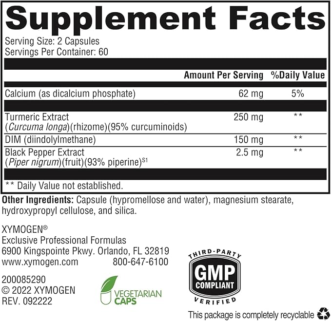 XYMOGEN DIMension 3 - Diindolylmethane DIM Supplement with Curcumin + BioPerine - Supports Healthy Estrogen Detox, Hormonal Balance for Women and Men - Menopause Relief + PMS Support (120 Capsules)