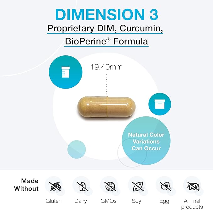 XYMOGEN DIMension 3 - Diindolylmethane DIM Supplement with Curcumin + BioPerine - Supports Healthy Estrogen Detox, Hormonal Balance for Women and Men - Menopause Relief + PMS Support (120 Capsules)
