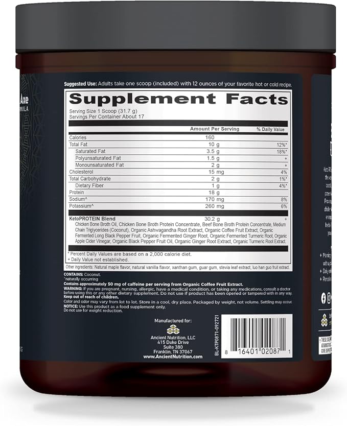 Keto Protein Powder by Ancient Nutrition, 18g Protein 11g Fat 17 Servings