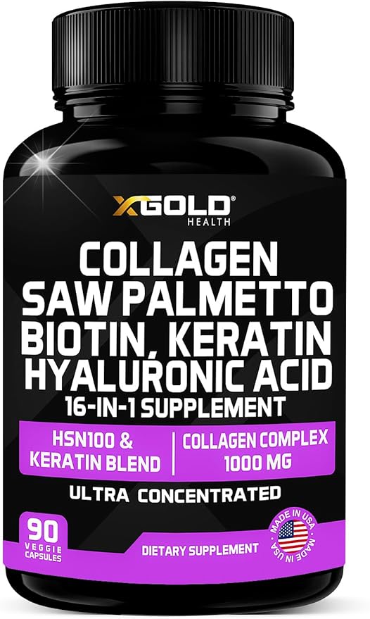 Collagen, Saw Palmetto, Biotin, Keratin, Keratin & Hyaluronic Acid - 16-in-1 Beauty Supplement with Vitamin C & E, Collagen Complex, Keratin Blend & HSN100 - Hair, Skin & Nail Growth - 90 Capsules