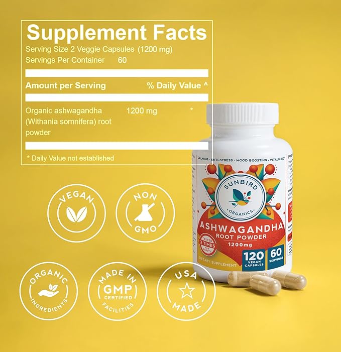 Ashwagandha Capsules Organic, Stress & Sleep 1200mg Pure 120 Vegan 2 Bottles