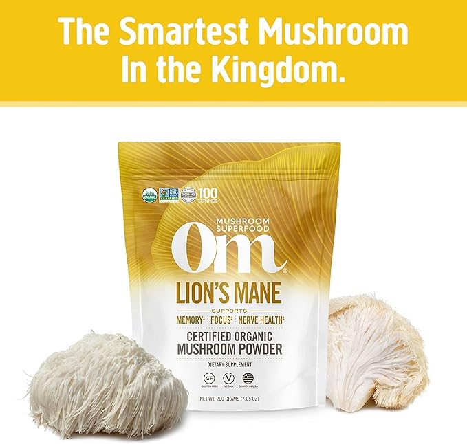OM MUSHROOM SUPERFOOD Lion's Mane Organic Mushroom Powder, Improves Memory, Focus, Clarity, Nerve Health, and Mood Support, 7.05 oz, 100 Servings