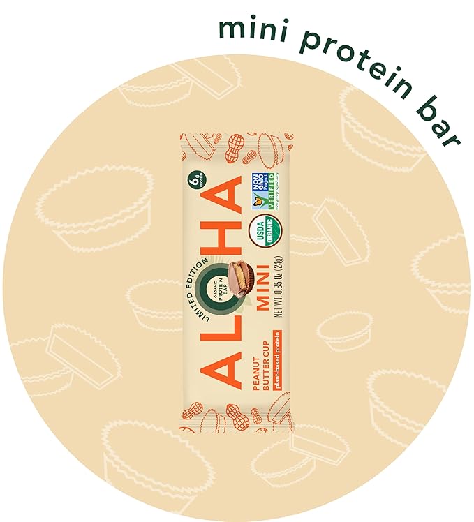 ALOHA Organic Plant Based Protein Bar MINIS |Peanut Butter Cup | 20 Count, 24g Bars | Vegan, Low Sugar, Gluten Free, Low Carb, Non-GMO, Stevia Free, Soy Free, No Sugar Alcohols
