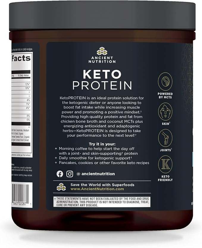 Keto Protein Powder by Ancient Nutrition, 18g Protein 11g Fat 17 Servings
